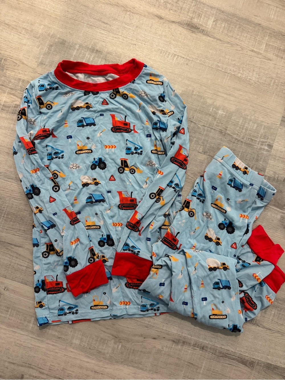Light Blue Kids Construction Vehicle Pajama Set with Red Trim